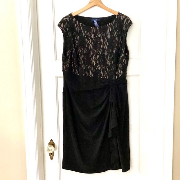CHAPS Black party cocktail dress XL stretch sheath lace overlay Nude side Ruffle - Picture 1 of 12